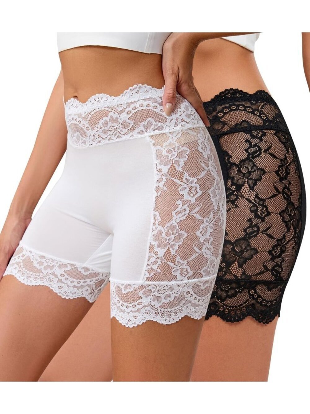 Womens 2 Pack Black White Slip Short Under Dresses Lace Anti Chafing Underwear